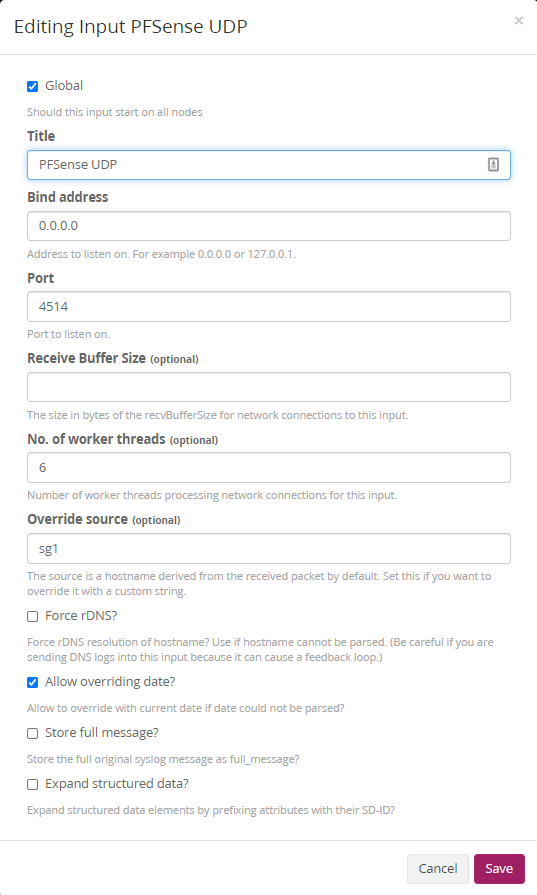 Screenshot of Graylog input settings