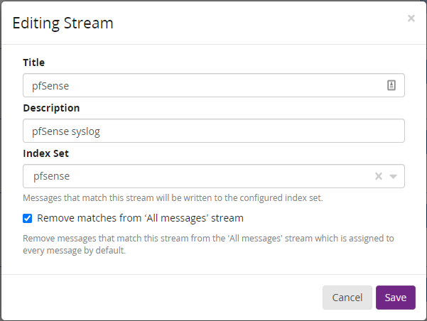 Screenshot of Graylog stream edit settings
