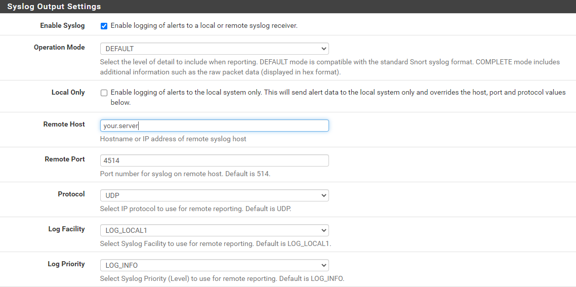 Screenshot of pfSense Barnyard2 settings