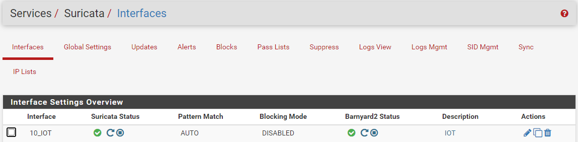 Screenshot of pfSense Suricata interfaces