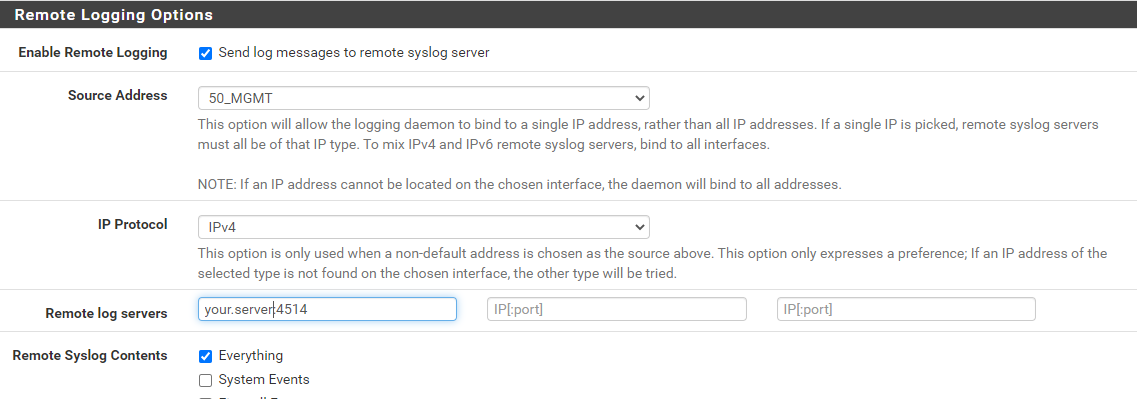 Screenshot of pfSense Syslog settings